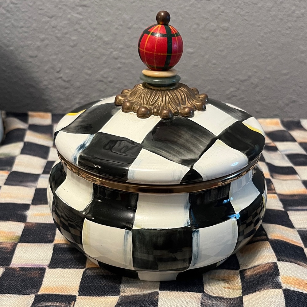 MacKenzie-Childs Black and White Checkered Jar with Red Knob